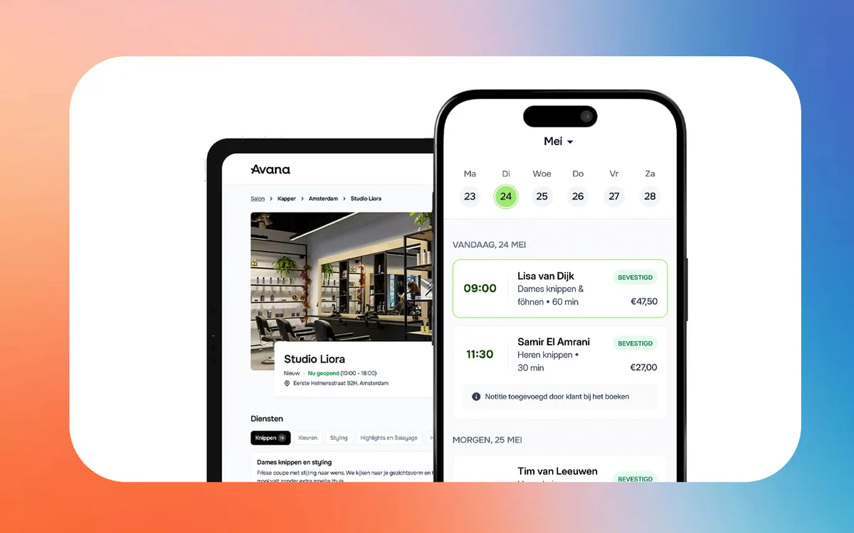 Avana online boekingssysteem voor salons, eigen boekingspagina met behandelingen en tijdslots