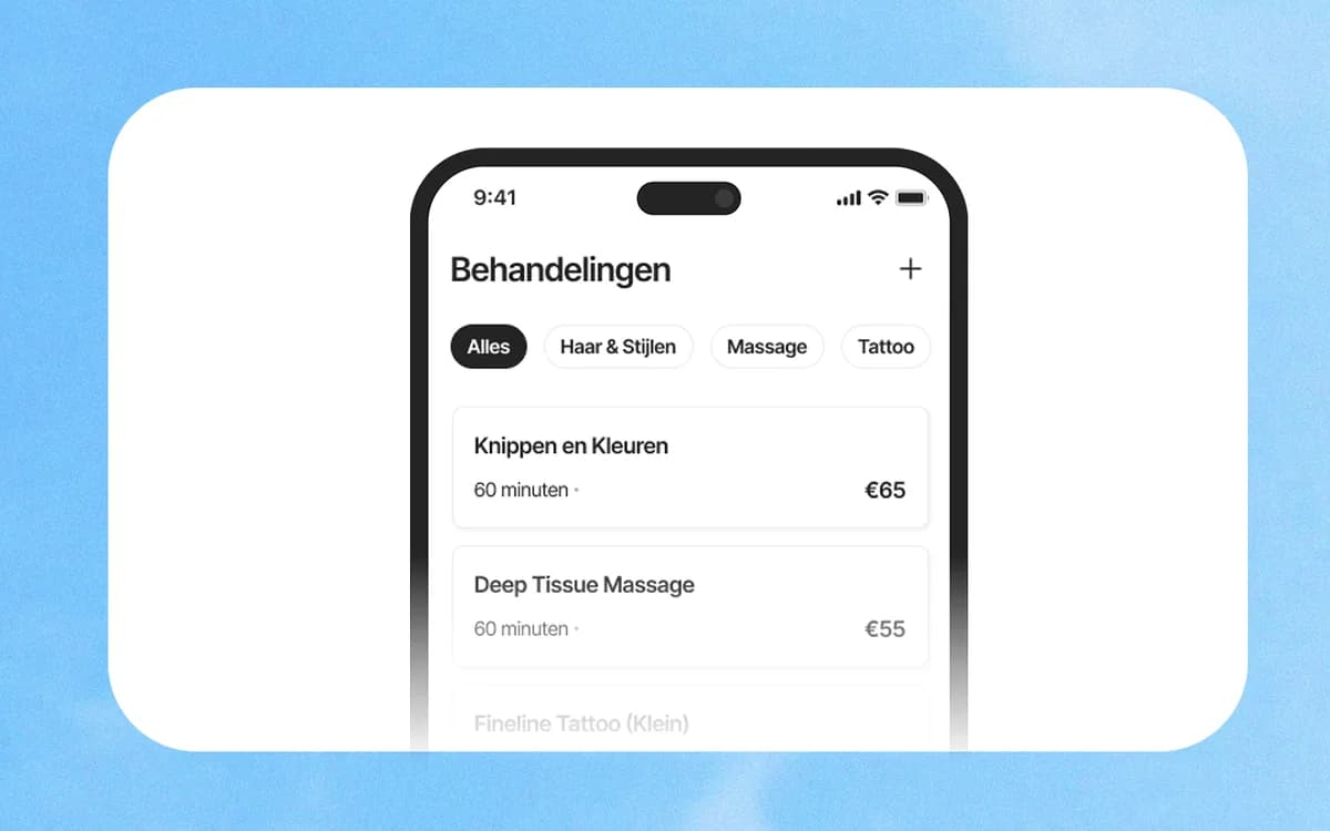 Stap 1: vul je behandelingen, prijzen en openingstijden in