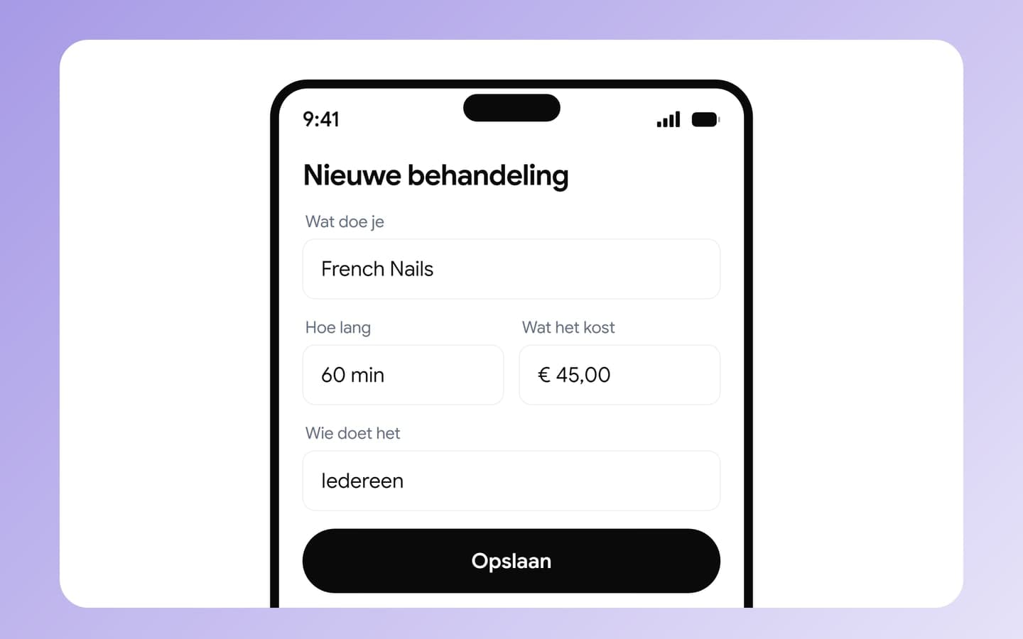Avana: een behandeling invullen met de duur en de prijs