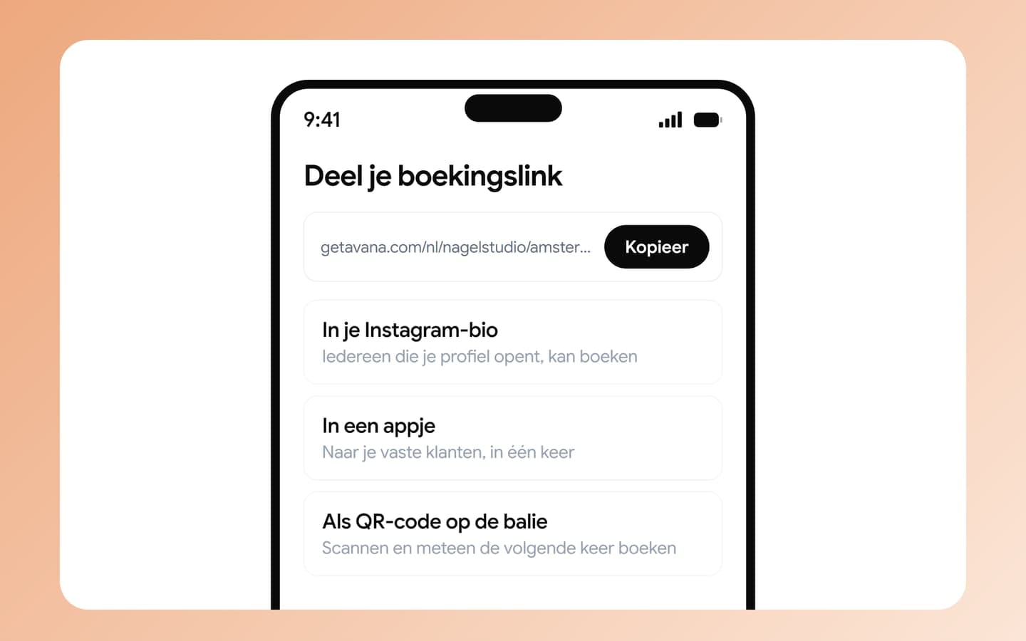 Avana: je boekingslink delen via Instagram, een appje of de QR-code op de balie