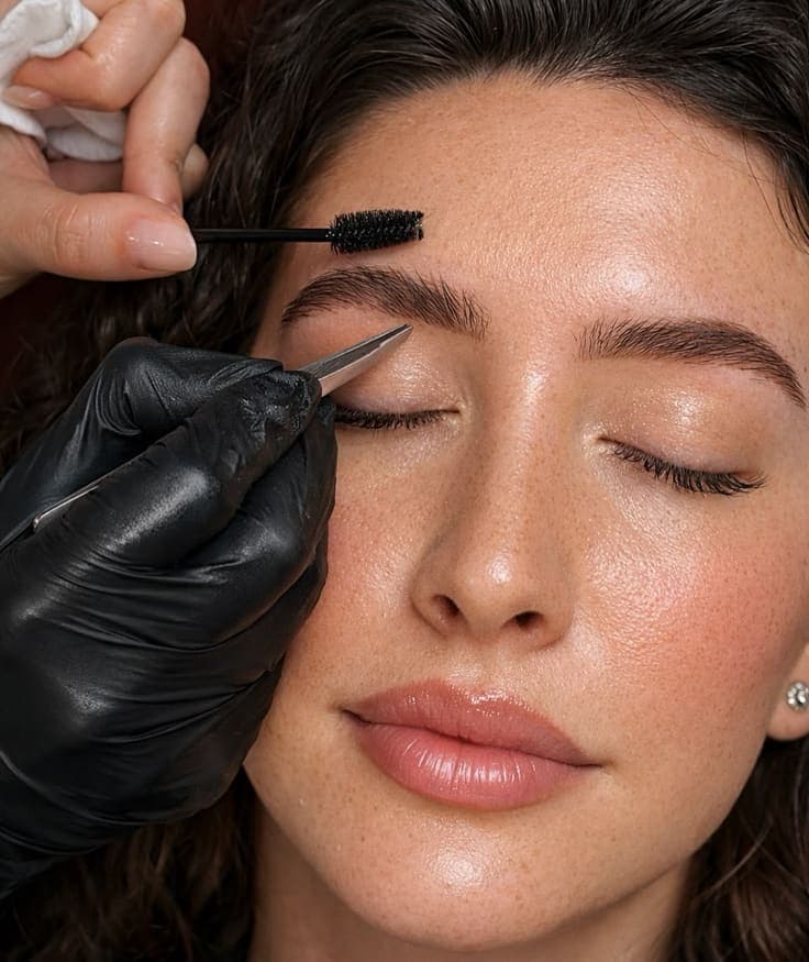 Een browstyliste werkt met een pincet en een borsteltje aan de wenkbrauwen van een klant