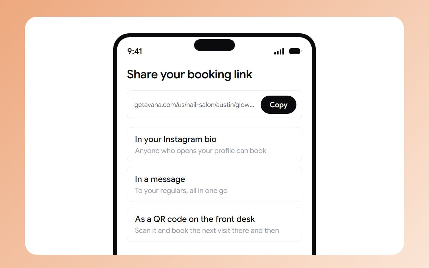 Avana: sharing your booking link in your Instagram bio, in a message or as a QR code on the front desk