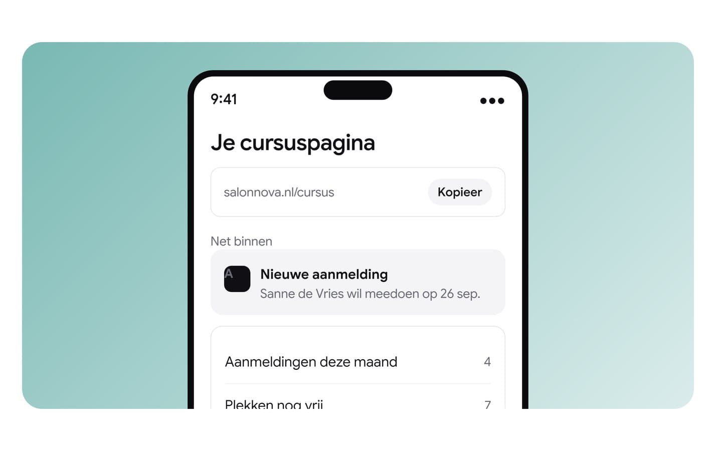 Avana: de link naar je cursuspagina, en een nieuwe aanmelding die binnenkomt