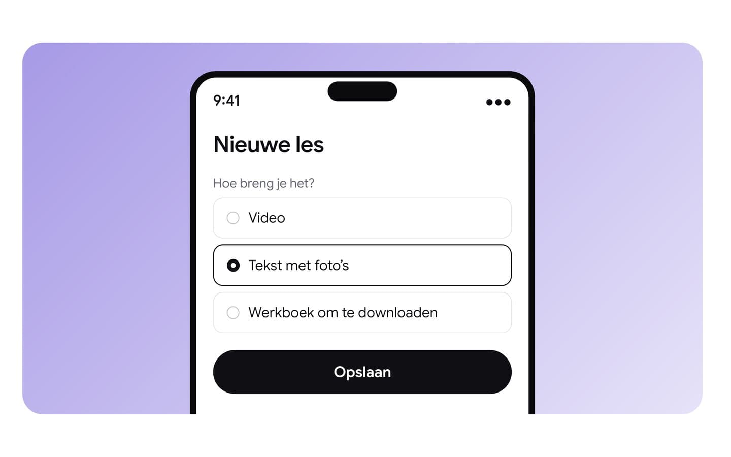 Avana: een nieuwe les maken en kiezen tussen video, tekst met foto's of een werkboek