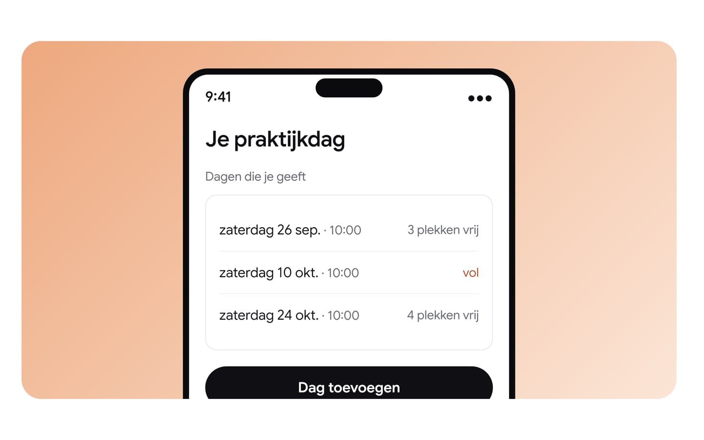 Avana: de praktijkdagen met het aantal vrije plekken per dag